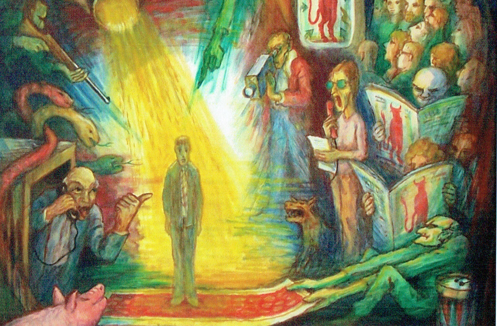 "Besudelung" von Maler Helmut Maletzke. Der Greifswalder Maler empfand damals, dass vielfach ein pauschales Abrechnen mit Mitbürgern stattfand, denen ein zu enges Verhältnis zum DDR-System vorgeworfen wurde.