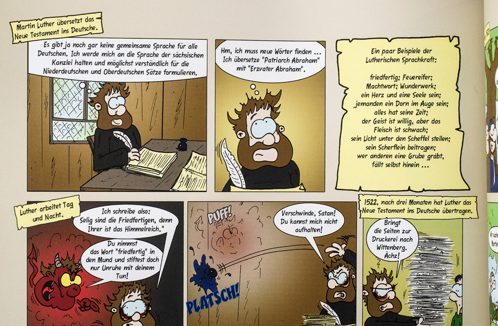 Luther an seinem Arbeitsplatz auf der Wartburg – so stellen Autor Thomas Dahms und Zeichner Tobias Wagner sich das vor