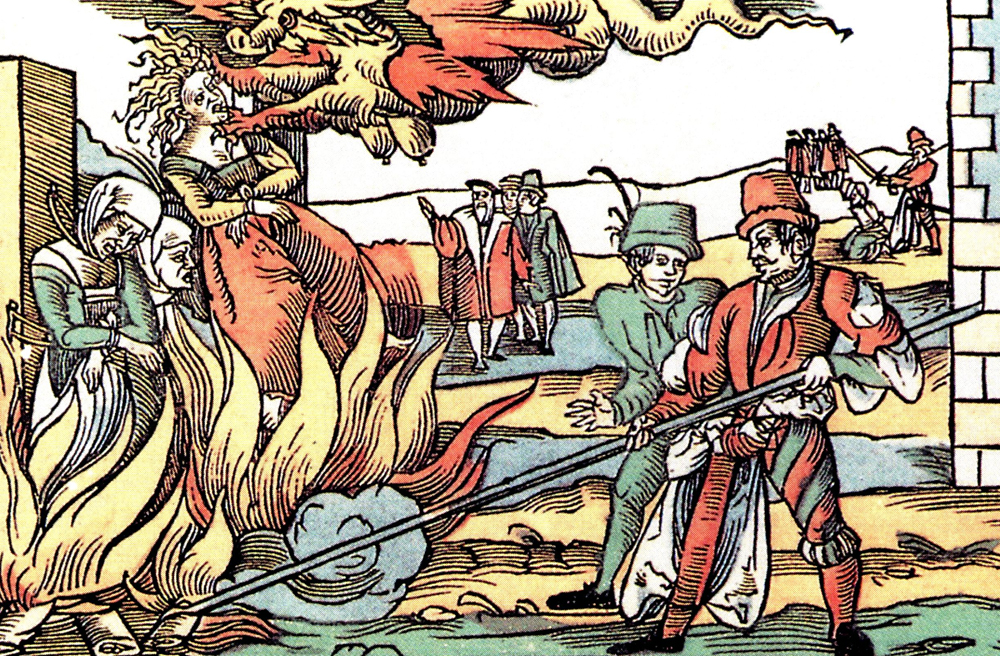 Ein Flugblatt aus dem 16. Jahrhundert stellt die Verbrennung von drei Hexen in Derneburg bei Hildesheim dar