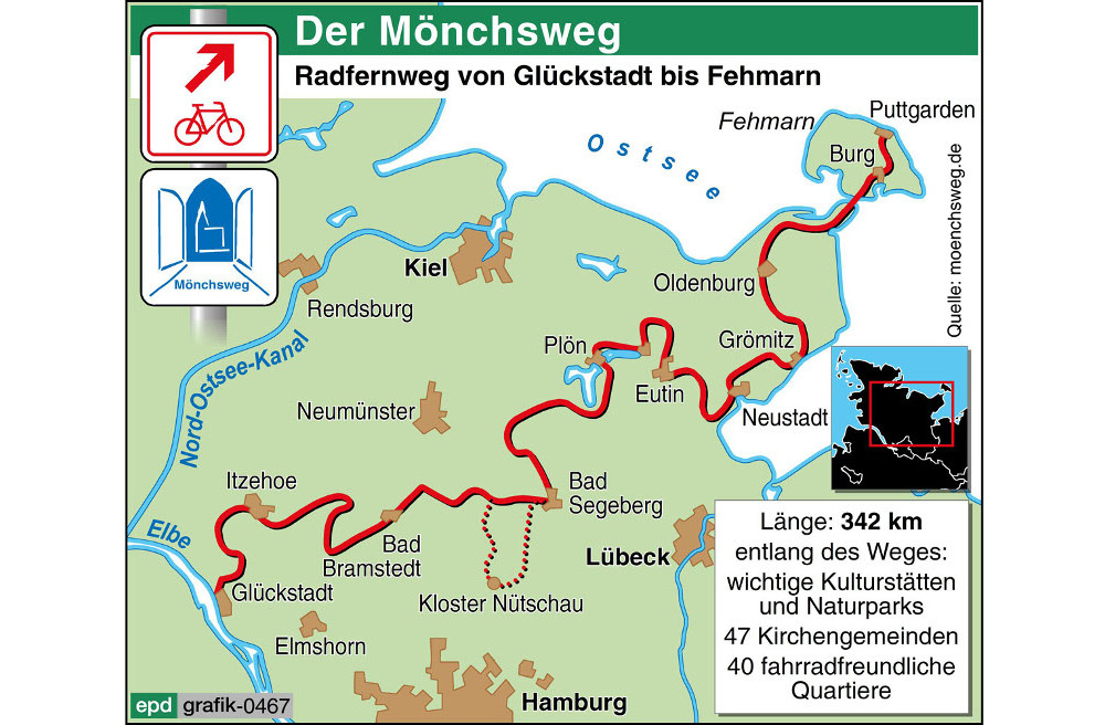 "Mönchsweg" heißt Deutschlands erster kirchlicher Radfernweg. Die 340 Kilometer lange Strecke führt quer durch Schleswig-Holstein, von Glückstadt an der Elbe bis nach Puttgarden auf der Ostsee-Insel Fehmarn.