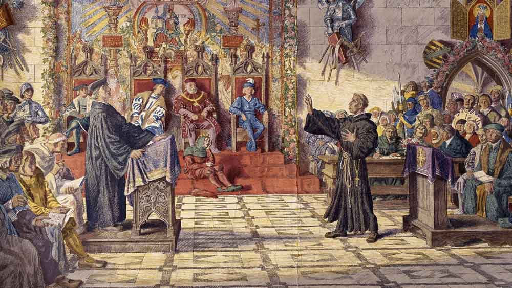 Schulwandbild "Martin Luther. Disputation in der Pleissenburg zu Leipzig", Zeichnung von Max Seliger (1918)