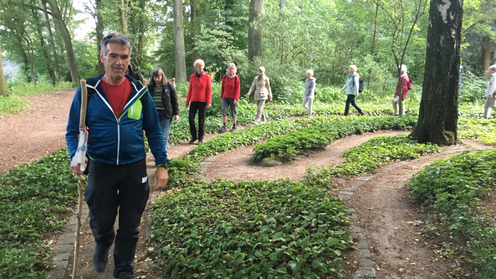 Zum Schluss läuft die Gruppe durch das grüne Stadtpark-Labyrinth.