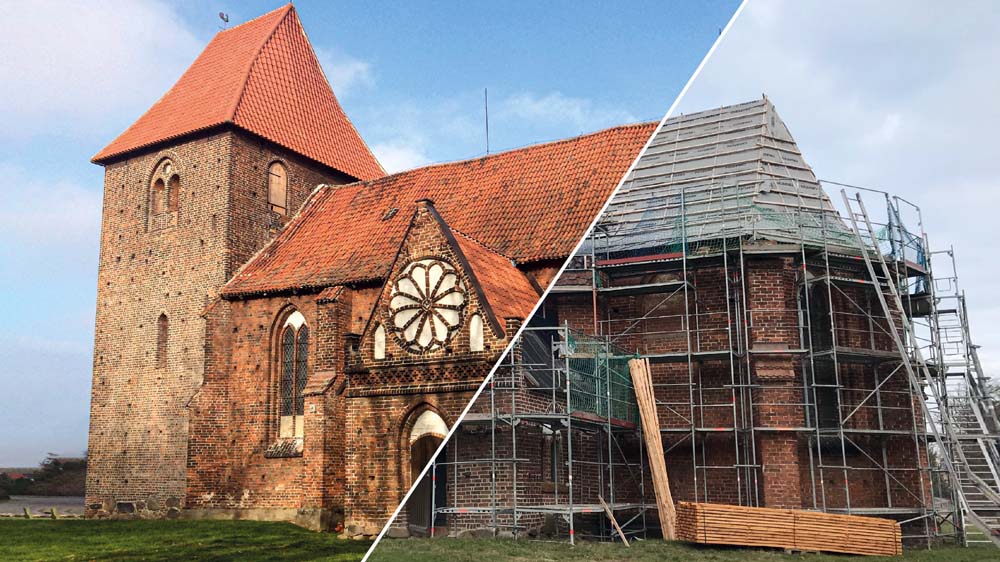 Die Kirche in Hornstorf bei Wismar, links vor der Instandsetzung der mittelalterlichen Dachkonstruktion, rechts eingerüstet. Der Verein unterstützt die Instandsetzung mit 10.000 Euro
