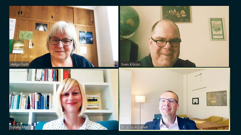 Video-Interview: Pröpstin Helga Ruch und Redakteur Sven Kriszio (oben); Redakteurin Sybille Marx und Bischof Thomas Adomeit (unten)