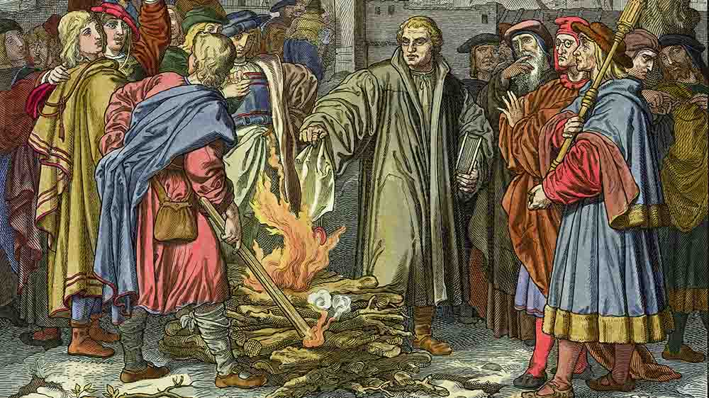 Luther verbrennt die Bulle, Holzstich, um 1870, nach Zeichnung von Josef v. Trenkwald