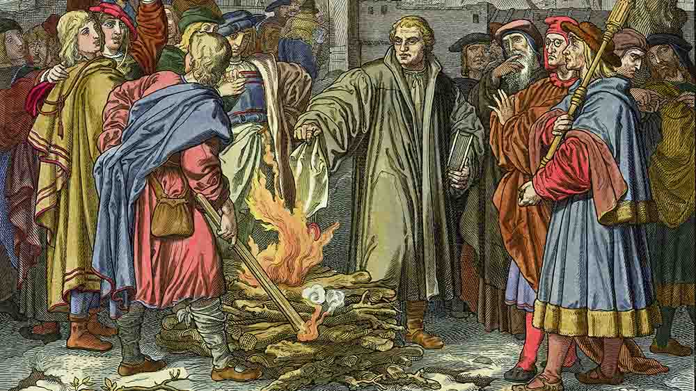 Luther verbrennt die Bulle, Holzstich, um 1870, nach Zeichnung von Josef v. Trenkwald 