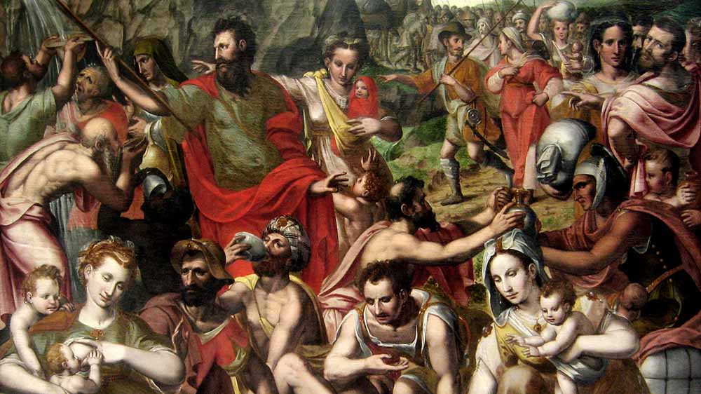 Die Kunst hält die Entbehrungen der Wüste fest, aber auch die Hoffnung, wie bei diesem Bild von Johan Vorhagen: „Mose schlägt Wasser aus dem Felsen“ von 1577