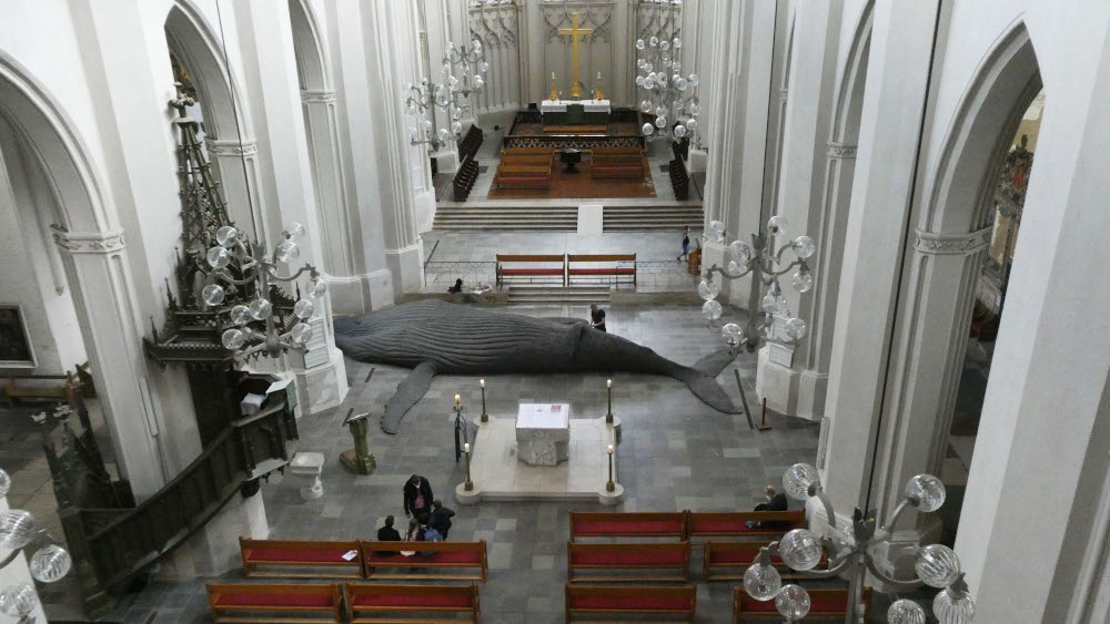 Die Walskulptur des israelischen Künstlers Gil Shachar im Greifswalder Dom.