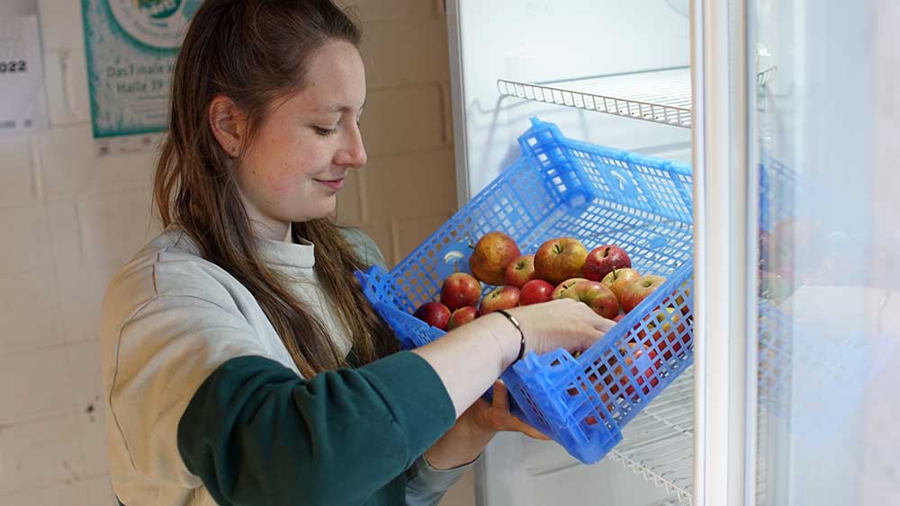 Nur Äpfel sind noch da: Kira Nadler prüft den Kühlschrank der Gemeinde