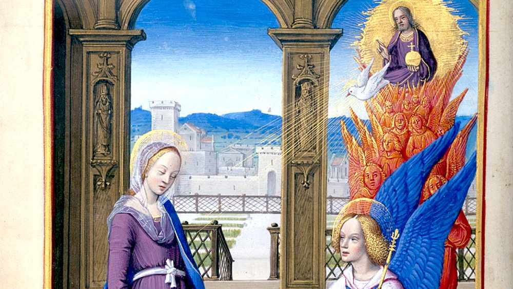 Links steht Maria, rechts kniet ein Engel, darüber sind in einer orangenen Flamme viele Menschen, über ihnen in einem goldenen Kreis Jesus.