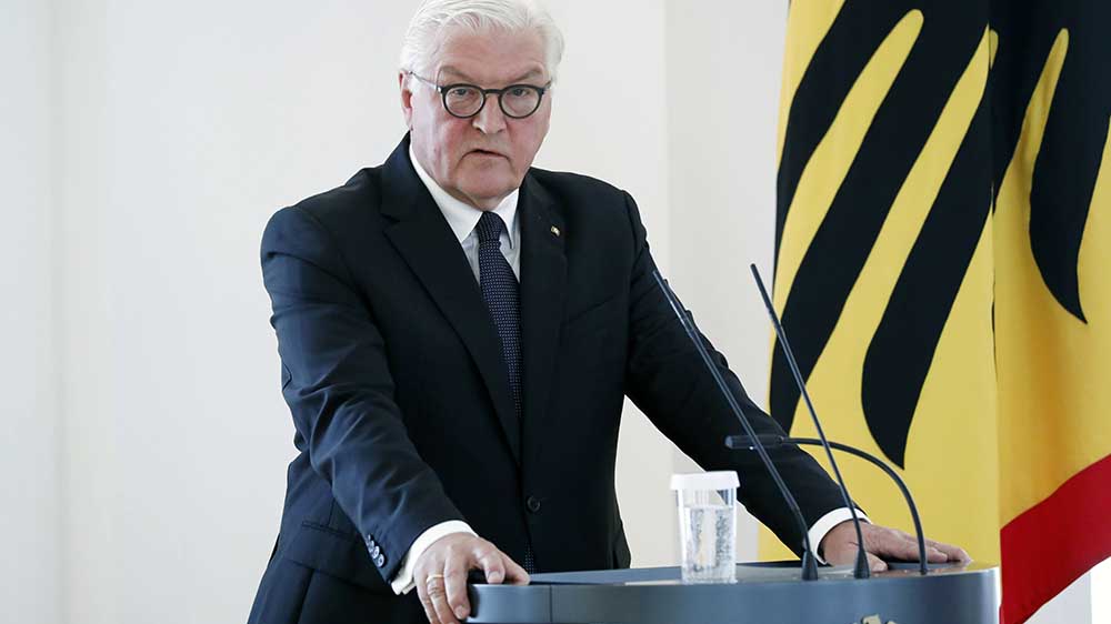 Steinmeier am Rednerpult vor Deutschland-Flagge