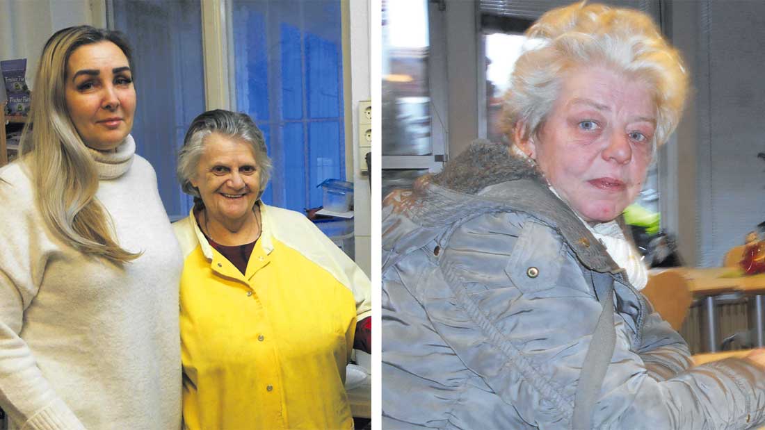 Foto links: Jeannette Stürze und Lidia Scheifer in der Küche. Foto rechts: Stammgast Christine lebt auf der Straße. Ihre Hand ist nach einem Sturz verletzt, sie trägt einen Verband.