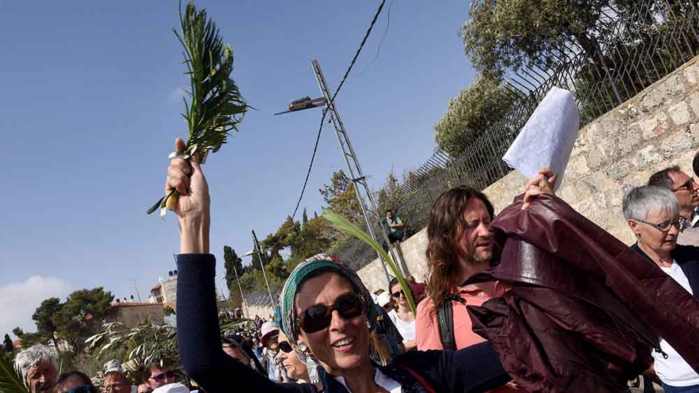 Christen tragen Palmenwedel und Olivenzweige während der Palmprozession am Palmsonntag in Jerusalem
