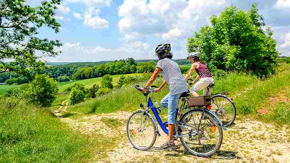 Zwei Radfahrerinnen auf einem Weg im Grünen, am Wegrand sind Bäume.