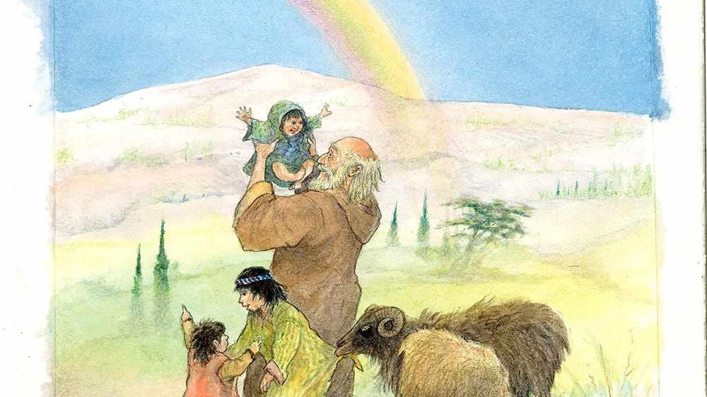 Dem Leben zugewandt: Noah und der Regenbogen. Wie auf fast allen Bildern der Kinderbibel haben Tiere einen Auftritt.