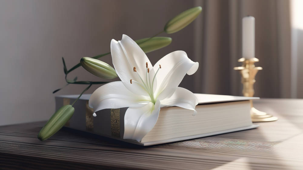 Bibel und weiße Blume liegen auf einem Tisch