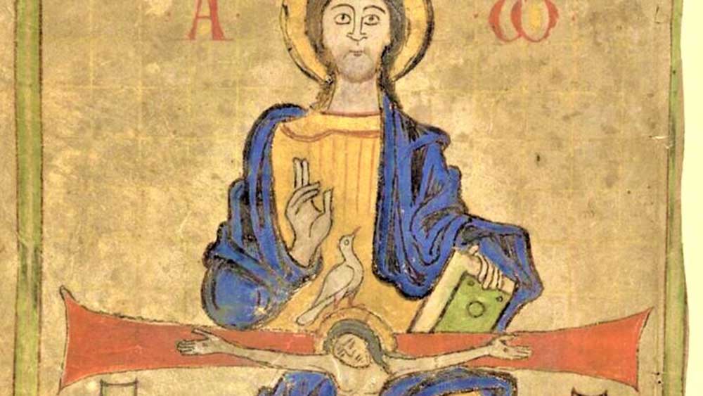 Der Gnadenstuhl (Ausschnitt), Darstellung der Dreieinigkeit Gottes, Zeichnung aus dem 12. Jahrhundert, unbekannter Meister