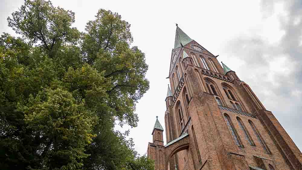Großer Kirchturm aus Backsteinen, daneben steht ein Baum