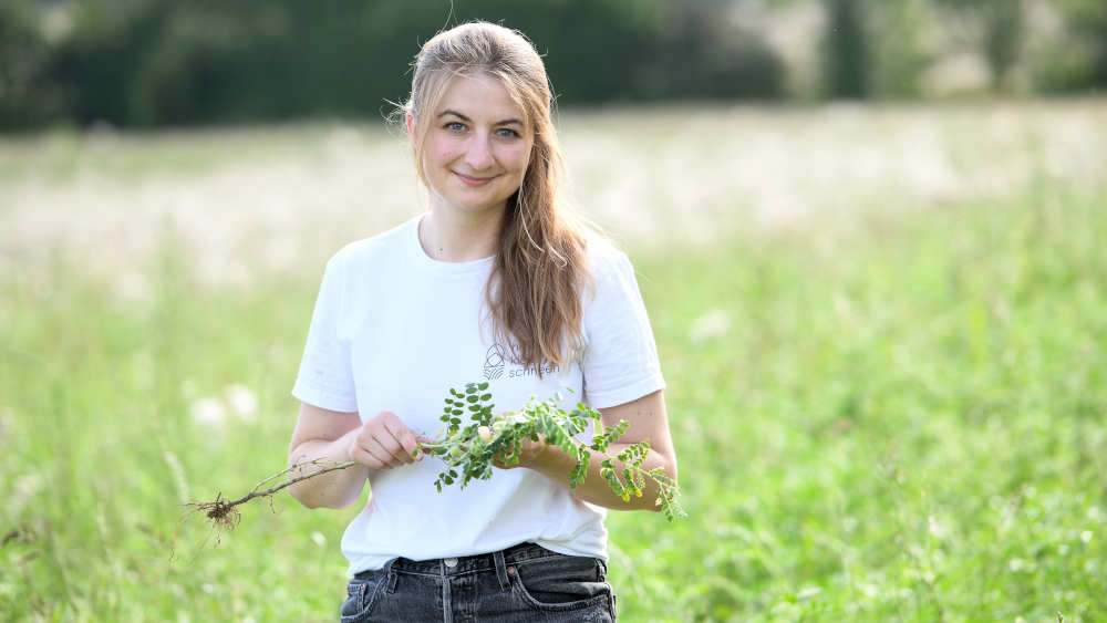 Bio-Landwirtin Marie-Sophie von Schnehen mit einer Kichererbsen Pflanze in der Hand auf ihrem Feld in Klein Schneen
