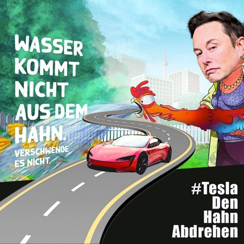 Protestplakat gegen Tesla-Werkserweiterung