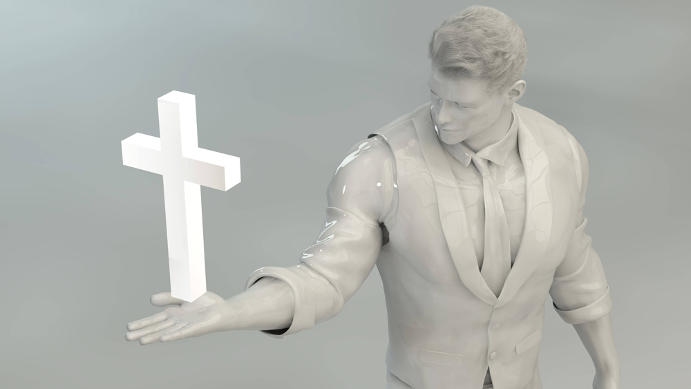 Künstler mit stehendem Kreuz auf der Hand