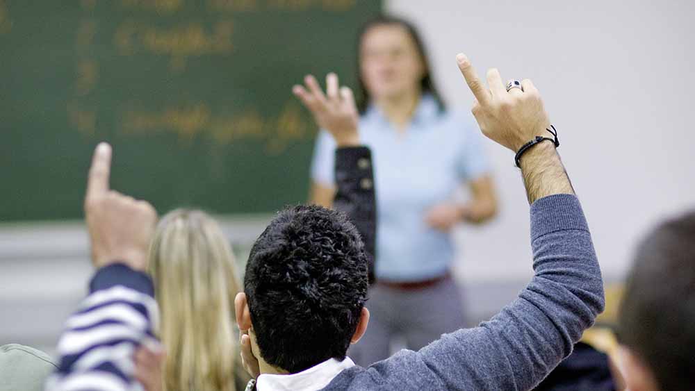Unterricht in einer Klasse, zwei Schüler melden sich. Niemand ist mit Gesicht zu erkennen