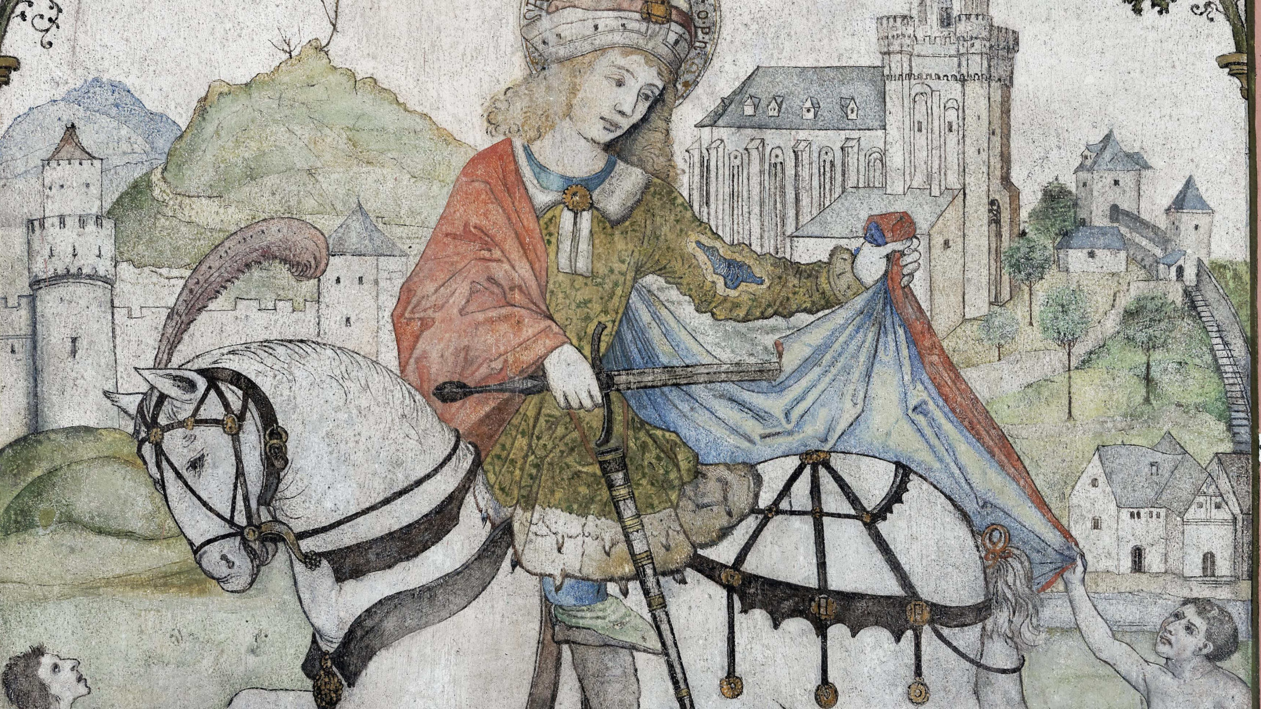 Der heilige Martin teilt seinen Mantel, gotische Wandmalerei an einem Pfeiler der Liebfrauenkirche, Oberwesel, Rheinland-Pfalz