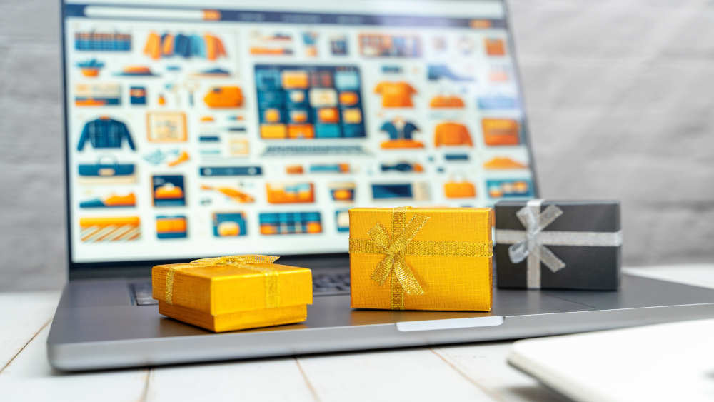 Geschenke auf einem Laptop Computer mit der Website von einem Online-Shop