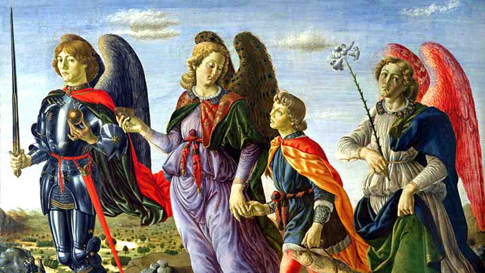 Die Erzengel Michael (links), Raphael (Mitte) und Gabriel (rechts) geleiten Tobias, Botticini, 1470