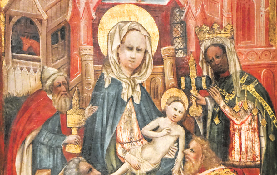 Mittelalterliches Bildnis der Geburt Jesu Jacobi-Altar in Kirche in Soest