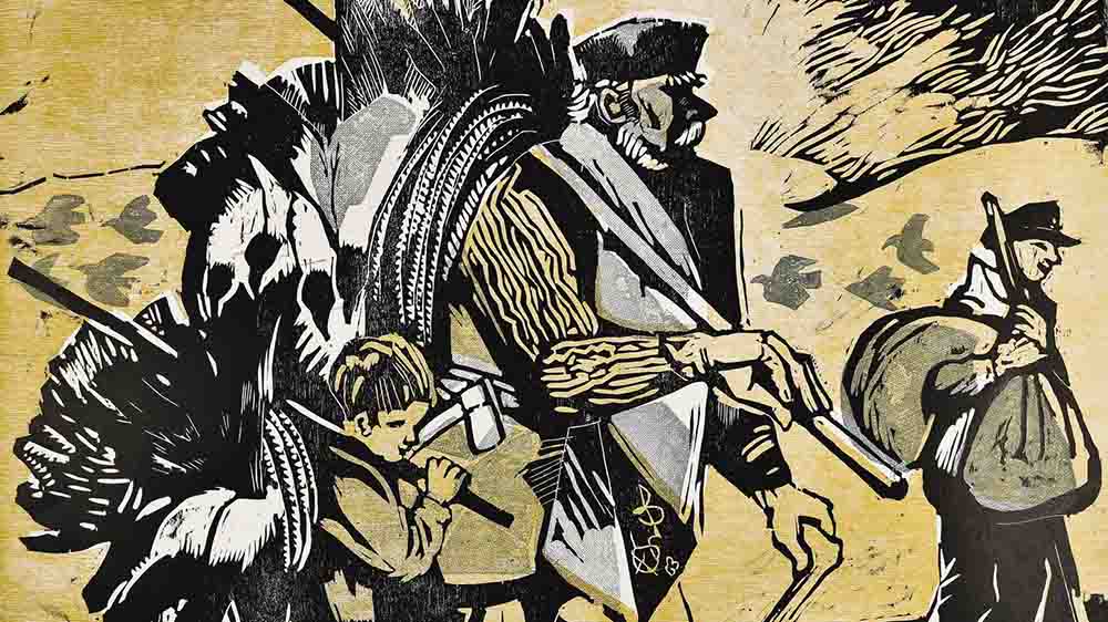 Der Holzschnitt von Eduard Bischoff aus dem Jahr 1963 zeigt die „Krähenbeißer“ auf der Kurischen Nehrung