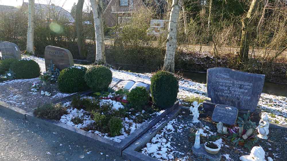 Anschwellende Gräben können auch Friedhöfe überfluten. Das Foto zeigt Gräber in Loppersum.