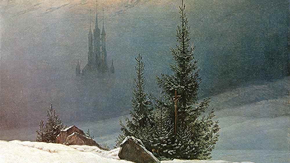 Wie aus dem Jenseits steigt in der „Winterlandschaft mit Kirche“ eine Kathedrale aus dem Nebel