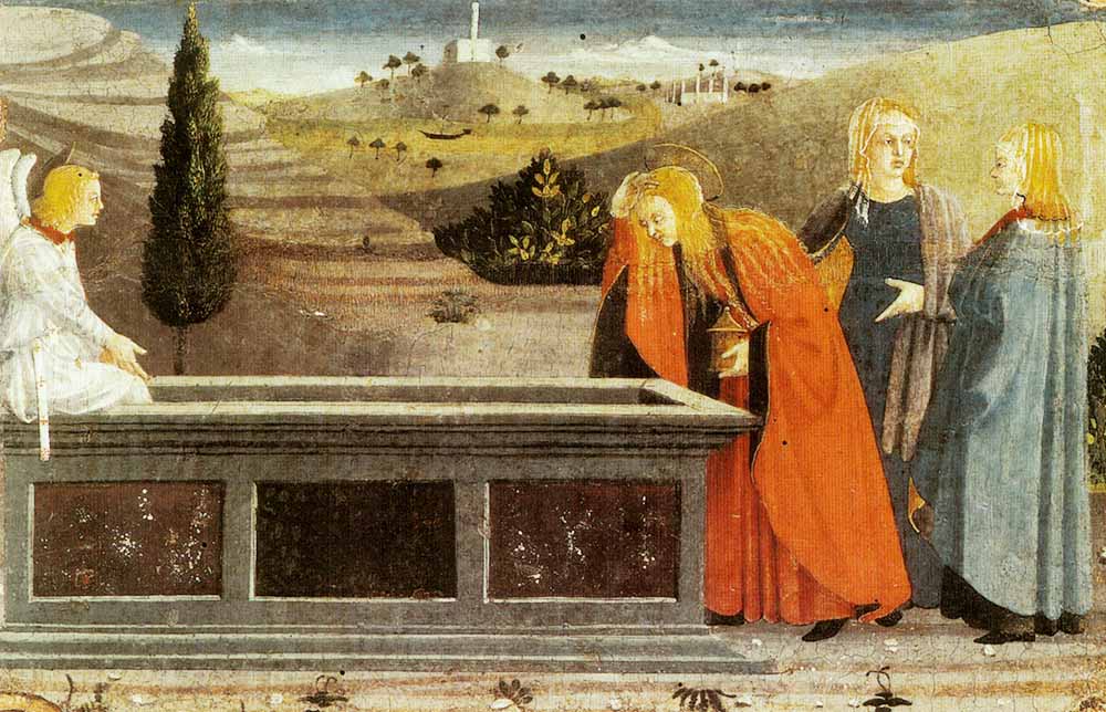 Kann das wahr sein? Erstaunen, Verwirrung und Zweifel hat der Künstler Giuliano Amadei (1446-1496) in die Gesichter der drei Frauen am Grab gemalt. Aber die Botschaft des leeren Grabes überzeugt sie schließlich und macht sie zu den ersten Zeuginnen der Auferstehung. 