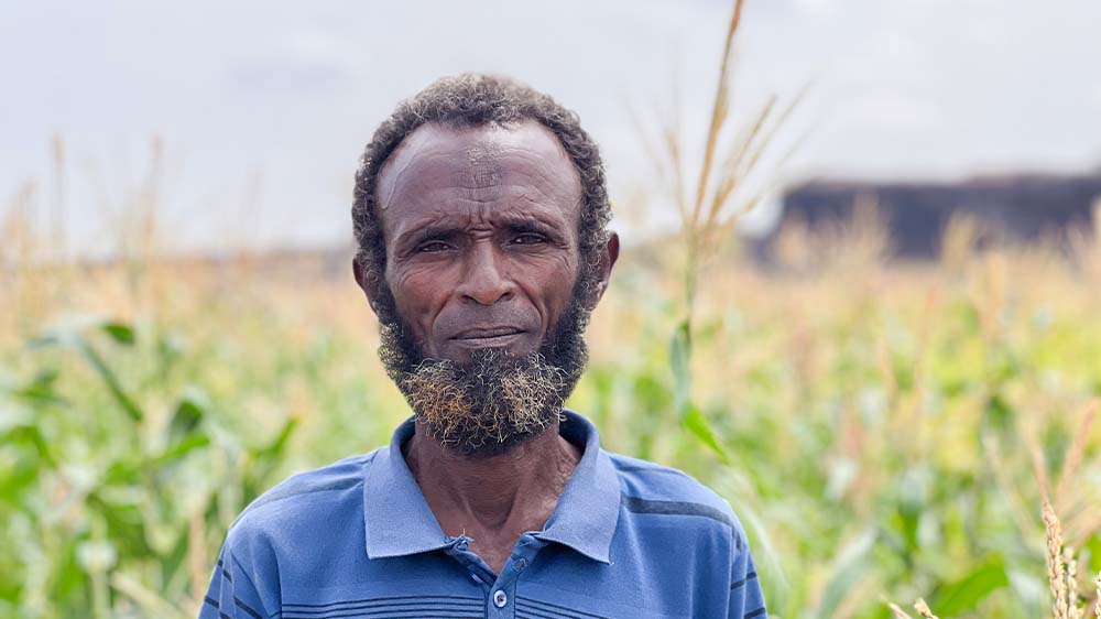 Der 57-jährige Abdu Ahmed steht auf einem Maisfeld seiner Kooperative in der Region Afar im Norden Äthiopiens