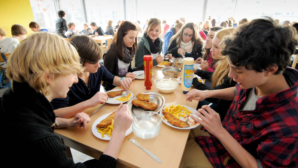 Pommes mit Jägerschnitzel für die Schüler in einer Schulmensa. Ein gesundes und nachhaltiges Essen sieht anders aus