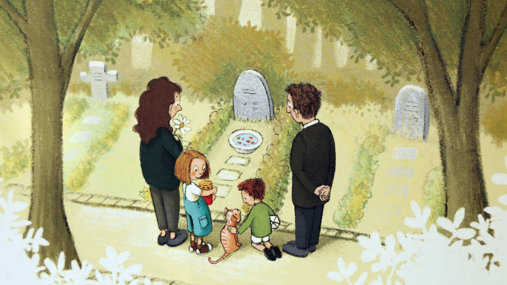 Kinder sollten bei der Trauerfeier und beim Besuch am Grab immer mit dabei sein: Dafür wirbt das Bilderbuch "Geht Sterben wieder vorbei?" für Kinder ab fünf Jahre, das 2022 in der zehnten Auflage erschienen ist.