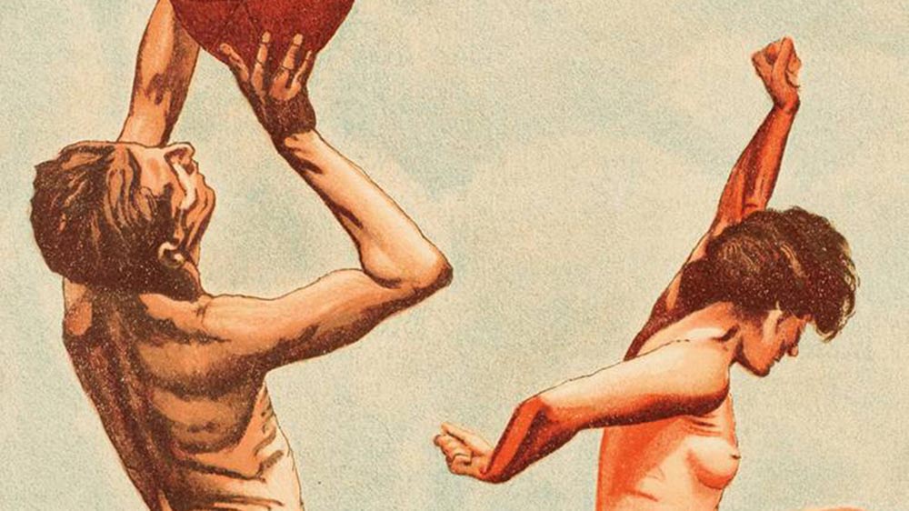 Splitterfasernackt beim Sport. Eine Abbildung in der Ausstellung „Unter Nackten“.