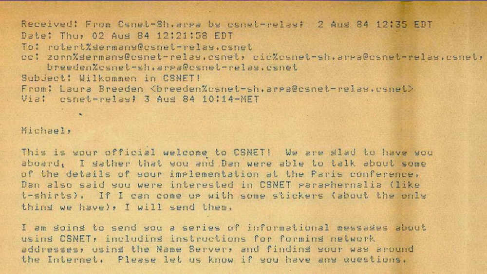 Mit dieser E-Mail begann in Deutschland am 3. August 1984 das E-Mail-Zeitalter