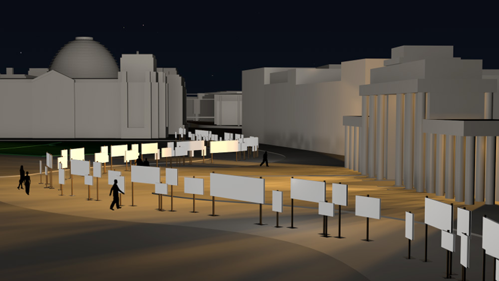 Eine computergenerierte Darstellung des Vorhabens: Am 9. November sollen am ehemaligen Mauerverlauf in Berlin Schilder mit Plakaten aufgestellt werden