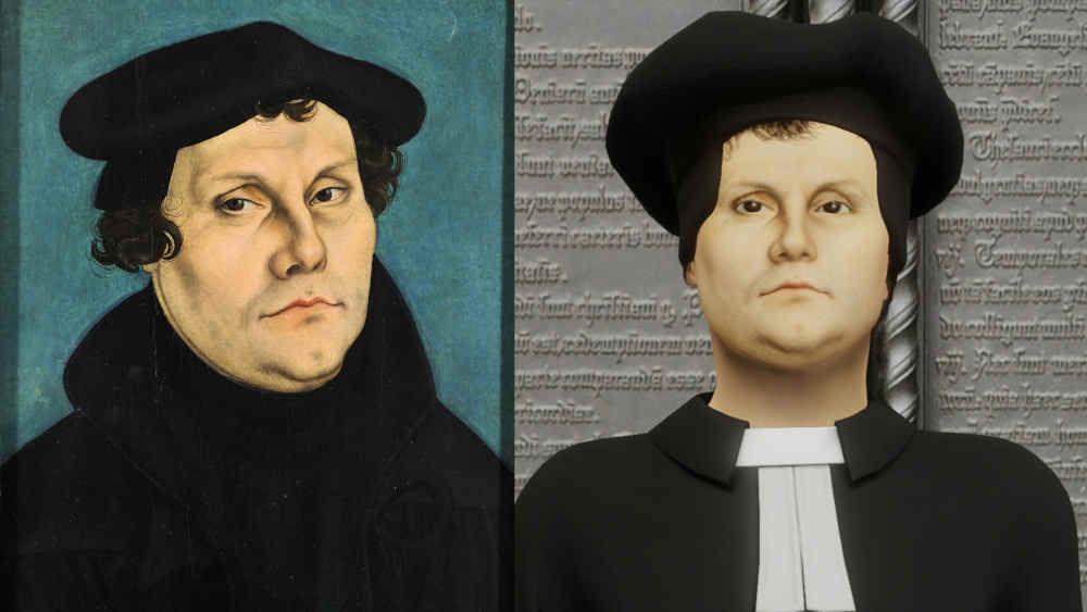 3-D-Modell (rechts) des Martin Luther-Porträts von Lucas Cranach (links)