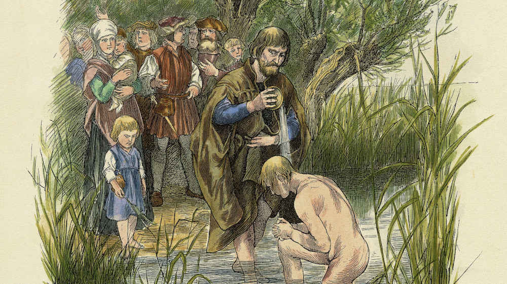 "Die Wiedertaufe", Holzstich, um 1880, nach Zeichnung von Gustav Spangenberg (1828–1891)