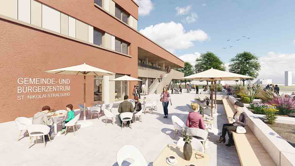 So soll das Gemeinde- und Bürgerzentrum im Stralsunder Stadtteil Knieper später aussehenr