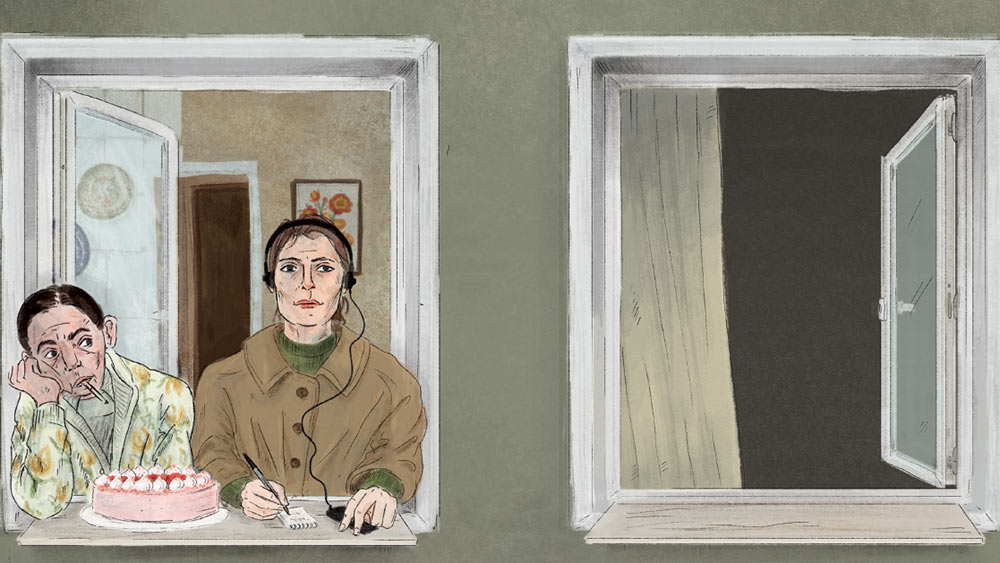 Das Filmplakat von „Another German Tank Story“ illustriert die Bewohner des fiktiven Dorfes Wiesenwalde an ihren Fenstern. Ein Ausschnitt.