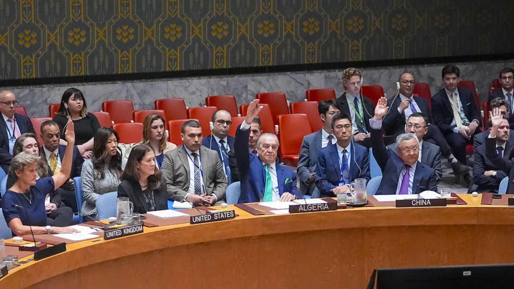 Die Vereinigten Staaten legen erneut ihr Veto gegen eine Resolution des UN-Sicherheitsrates ein, die einen sofortigen, bedingungslosen und dauerhaften Waffenstillstand zwischen Israel und der Hamas am 4. Juni 2025 in New York City (USA) fordert