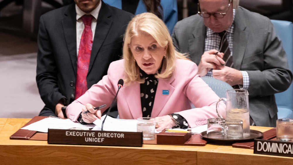 Catherine Russell, Exekutivdirektorin des Kinderhilfswerks Unicef, spricht zur Lage in Haiti im UN-Hauptquartier in New York